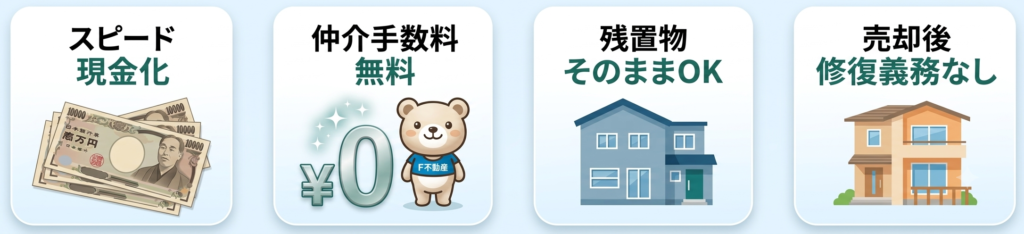 不動産買取ってなに？
スピード現金化
仲介手数料無料
残置物そのままOK
売却後修復義務なし