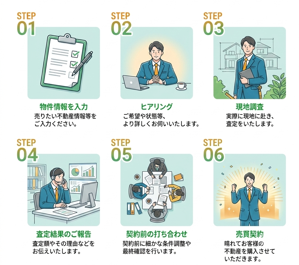 不動産買取の流れ
STEP1 物件情報を入力
STEP2 ヒアリング
STEP3 現地調査
STEP4 査定結果のご報告
STEP5 契約前の打ち合わせ
STEP6 売買契約